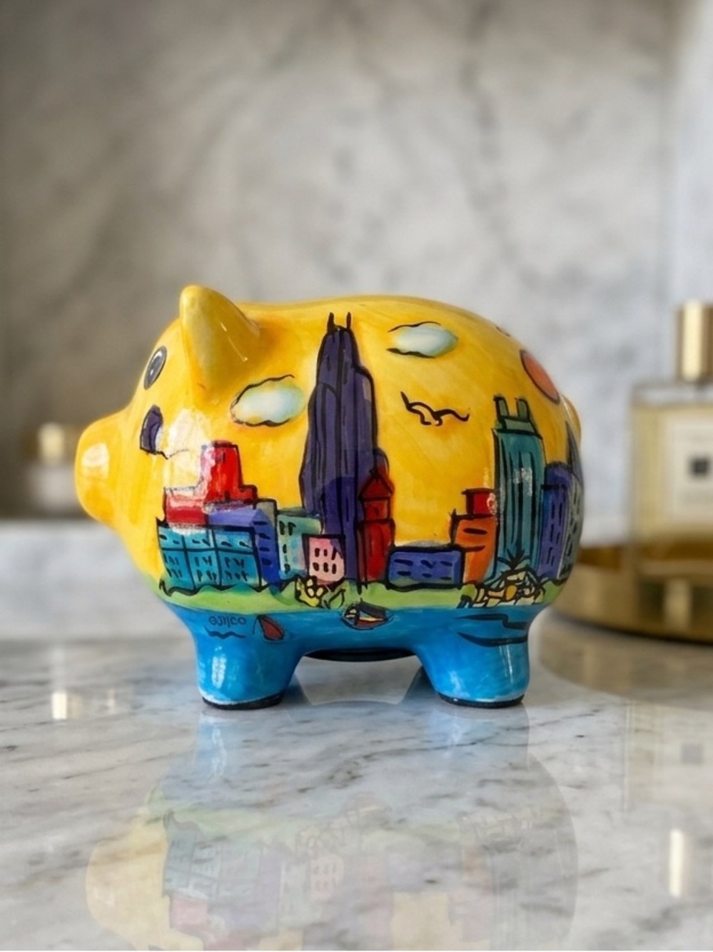 Vintage Ceramic Hand-Painted Yellow Chicago Cityscape Skyline Piggy Bank